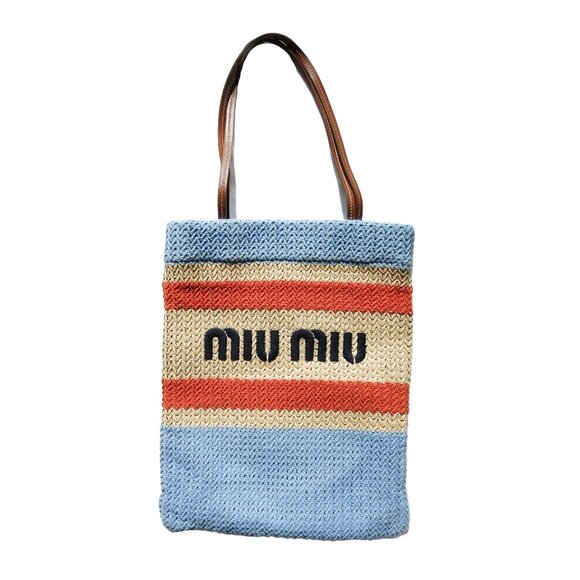 MIU MIU LIght Blue Beige Orange Raffia-Effect Embroidery Vertical Woven Tote Bag - Picture 5 of 9